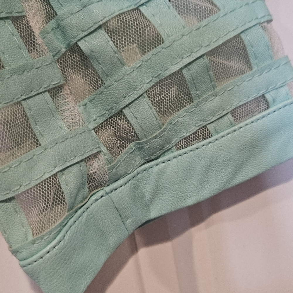 Mesh Light Aqua Open Weave Zip-Front Moto Pleather Jacket - Picture 5 of 11